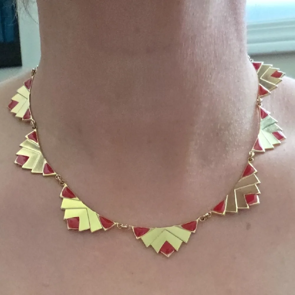 Rare Vintage Set 80s Gold-Tone & Red Enamel Geometric Earrings & Necklace - Picture 2 of 11